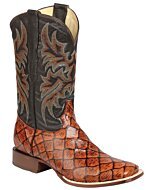 Perfil lateral de las botas vaqueras para hombre en imitación Monster Fish color cognac con tubo bordado en negro, modelo ESDLC 44933.