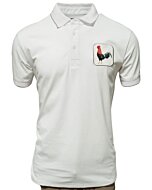 Camisa polo blanca para caballero con un distintivo bordado de gallo, confeccionada en una mezcla transpirable de algodón y poliéster por Montero.