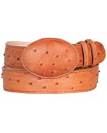 Cinto Vaquero de Piel Color Coñac con Estampado de Avestruz y Hebilla Oval
