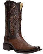 Botas vaqueras café de piel de avestruz de El General, con horma Versace y suela de cuero.