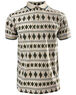 Lamasini 28222 men’s beige polo with a Southwestern-inspired geometric pattern and contrast collar.