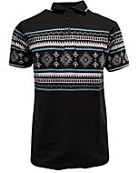 Lamasini 28219 men’s black polo shirt with Aztec print in gray, white, and turquoise, featuring a contrast collar.