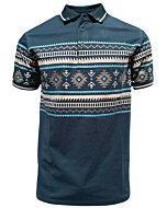 Lamasini 28219 men’s navy blue polo shirt with beige and turquoise Aztec print and contrast collar.