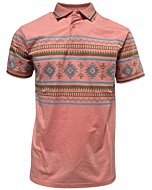 Lamasini 28219 men’s salmon polo shirt with earthy-tone Aztec print and contrast collar.