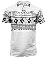 Lamasini 28219 men’s white polo shirt with black and gray Aztec print and contrast collar.
