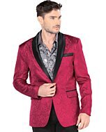 Hombre joven con barva rala luciendo saco rojo y camisa color gris.