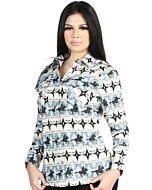 Women’s Blue Western Shirt with Cowboy and Horse Print – El General 44482