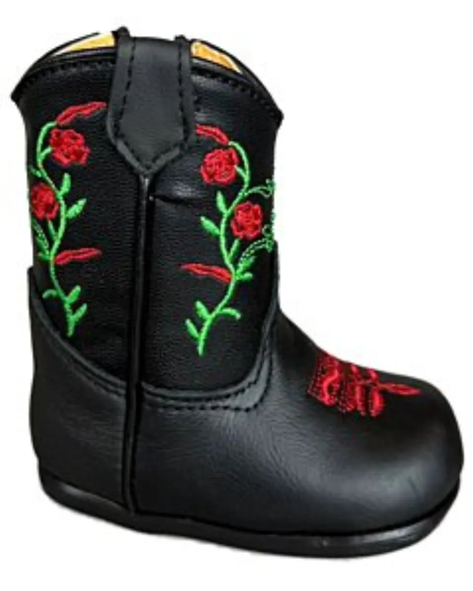 Black Napa Leather Baby Western Boots with Floral Embroidery, Lateral Zipper, Cushioned Leather Insole, and Synthetic Outsole.