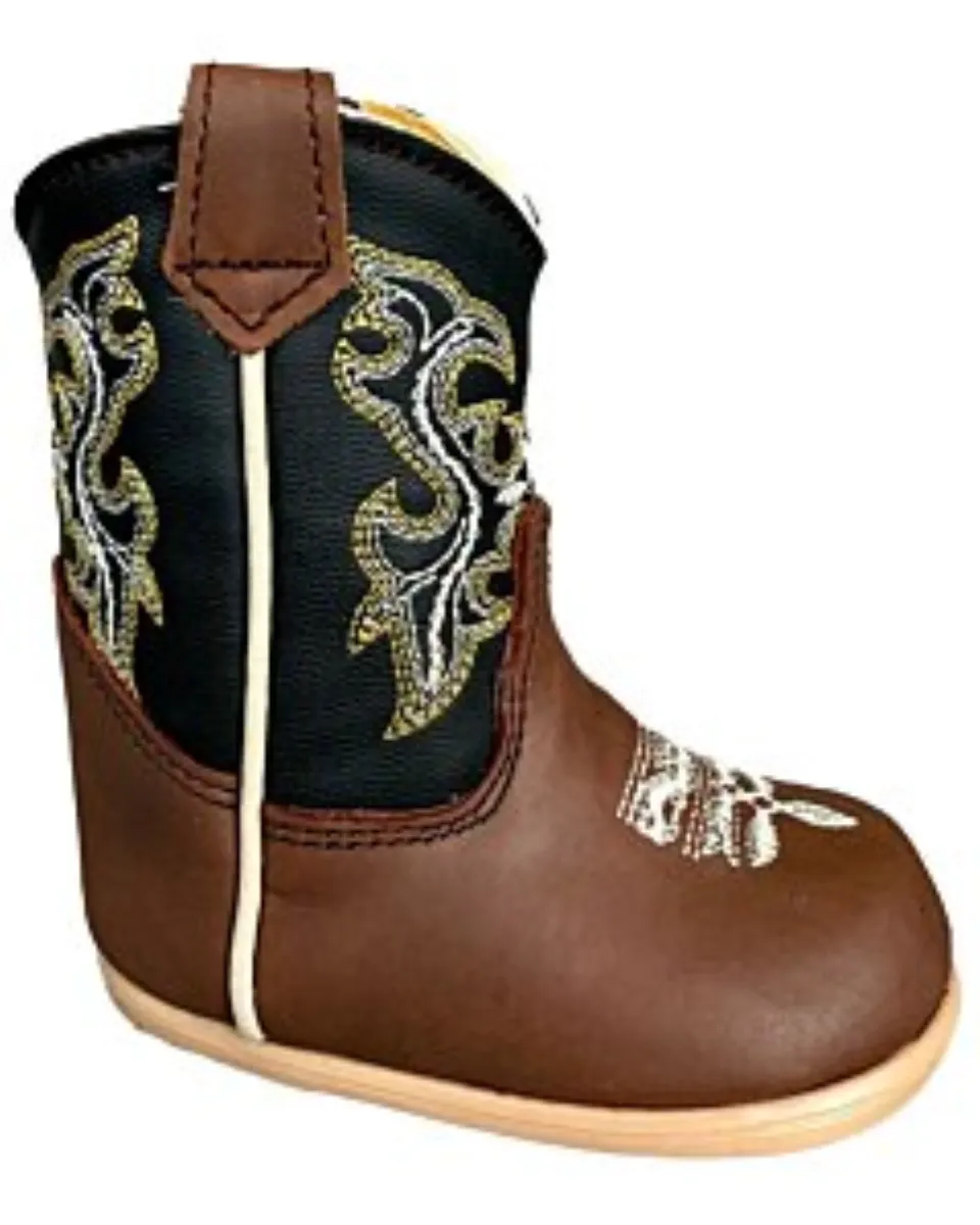 Brown-Chocolate Grasso Leather Baby Western Boots with White and Yellow Embroidery, Lateral Zipper, Cushioned Leather Insole, and Synthetic Outsole.