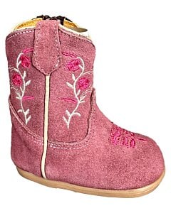 Botitas Vaqueras para Bebé en Piel Gamuza Rosa con Bordado Floral, Cierre Lateral, Plantilla de Piel Acolchada y Suela Sintética.
