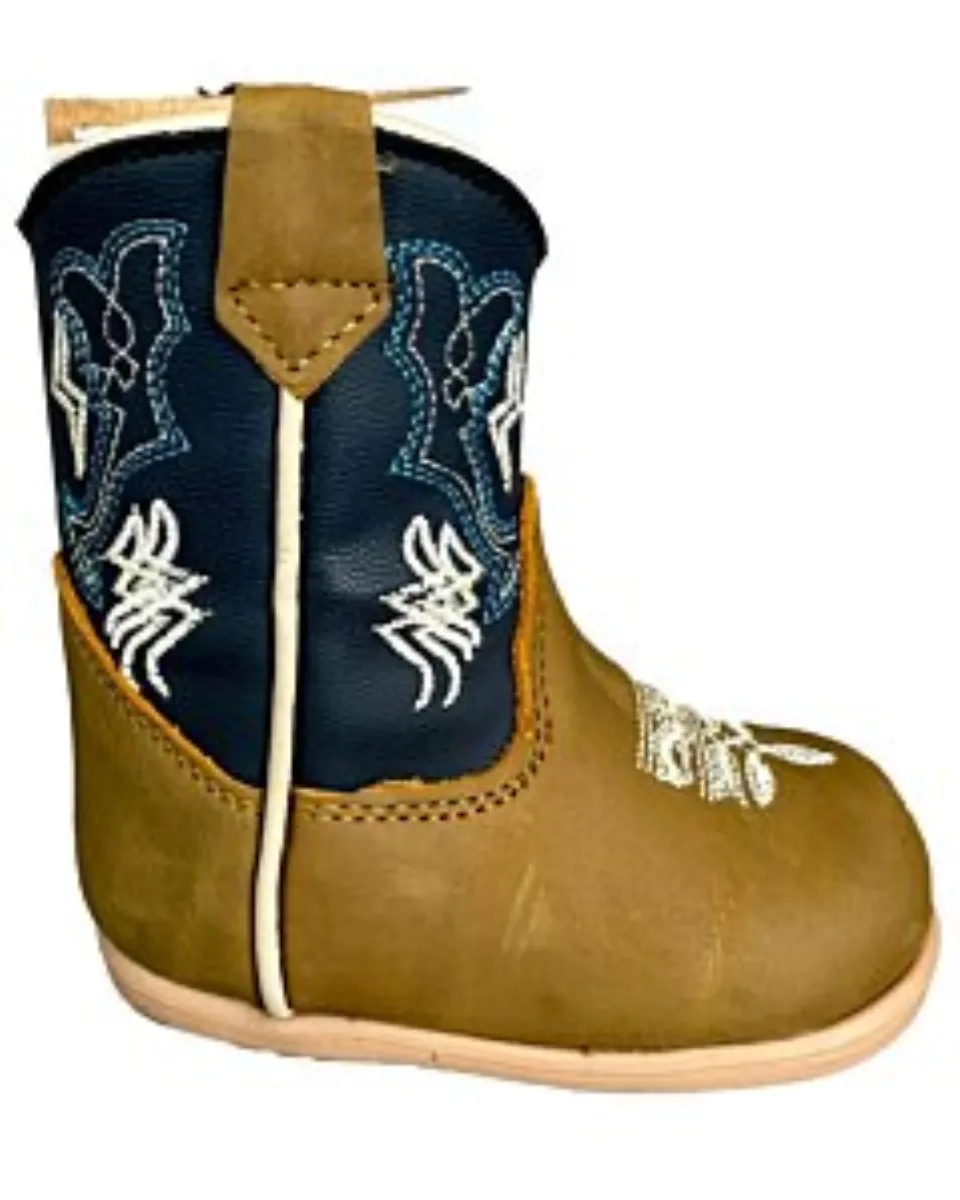 Two-Tone Grasso Leather Baby Western Boots in Tan and Navy with White and Blue Embroidery, Lateral Zipper, Cushioned Leather Insole, and Synthetic Outsole.