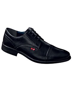 Zapatos de vestir Oxford en piel negra para hombre, con diseño Cap Toe y acabados de alta calidad, perfectos para ocasiones formales y de negocios.