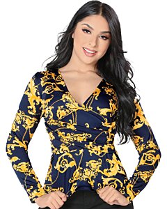 Blusa Navy Lamasini Cuello V Estampado Dorado 5732