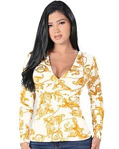 Blusa Blanca Lamasini Cuello V Estampado Dorado 5732