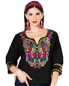 Blusa Tradicional Pavos Artesanal Mexicana 603179 Negra