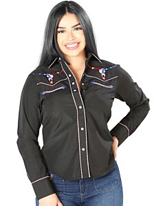 Blusa Negra Vaquera De Mujer Bordado Bull Skull USA 126680