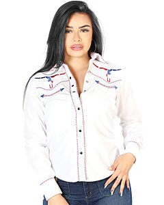 Blusa Blanca Vaquera De Mujer Con Bordado Bull Skull USA 126681