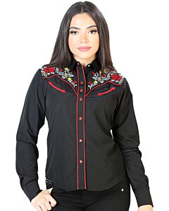 Blusa Vaquera Negra Con Bordado De Flores Rojas Y Amarillas 126685