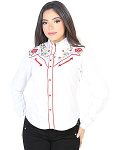 Blusa Vaquera Blanca Con Bordado De Flores Rojas Y Amarillas 126686