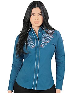Blusa Bordada Vaquera Snap Button Lamasini 2325 Color Teal