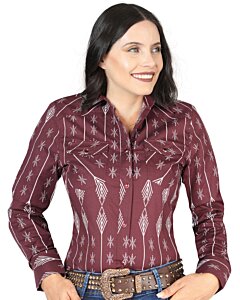 Camisa Vaquera Para Mujer Estampada Burgundy De Algodón 44438