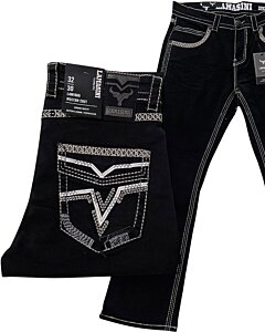 Jeans negro modern boot cut para caballero con bolsillos bordados y costuras en contraste, diseñados por Lamasini.