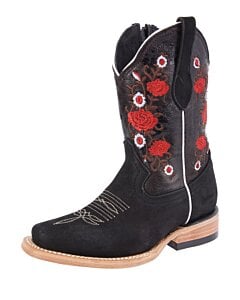Botas Rodeo Negra Para Niña Bordado Flor Roja WD 11-387