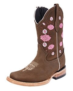 Botas Rodeo Color Tabaco Para Niña Diseño Flor Rosa WD 11-389