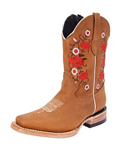 Botas Rodeo Color Miel Para Niña Diseño Flor Roja WD 11-390