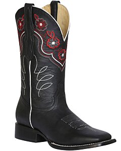 Bota De Mujer Rodeo Texas Negra con flores rojas bordadas en lo alto del tubo.