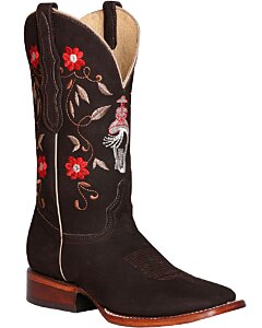 Bota Rodeo Café De Mujer con bordado de flores rojas y mujer charra cabalgando.