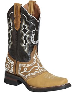 Botas Rodeo Antifaz Y Tubo Bordado Diseño Herradura Piel Nobuck Color Miel
