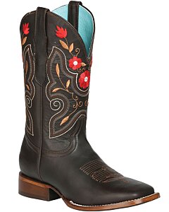 Bota Café El General rodeo para mujer 125369 con flores rojas pequeñas bordadas