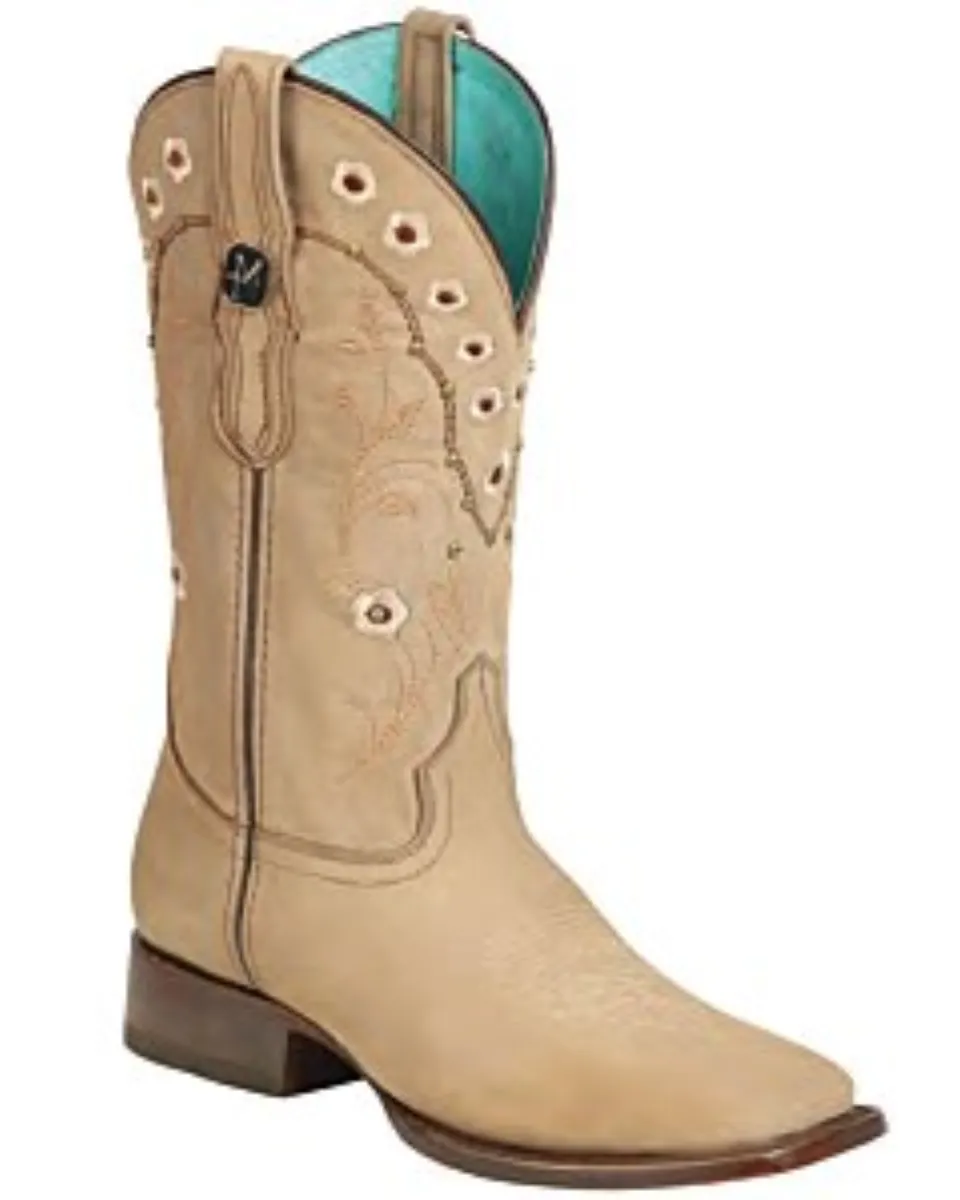 Botas Rodeo para Dama Montero 51437 en color arena, con bordado floral y suela de cuero.