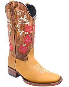 Bota Vaquera Rodeo De Mujer WD 11-489 Color Miel Con Flores Rojas