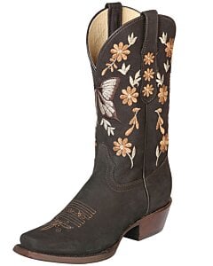Bota Rodeo De Mujer Color Café Nobuck Bordada Flores 51218