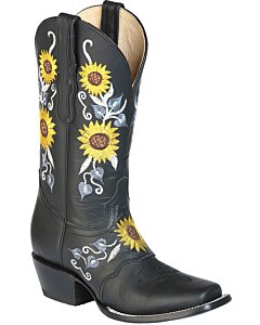Bota Rodeo De Mujer Color Negro Cor Flores Amarillas Bordadas