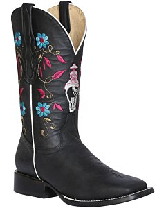 Bota Rodeo Negra Para Mujer con bordado de mujer charra a caballo