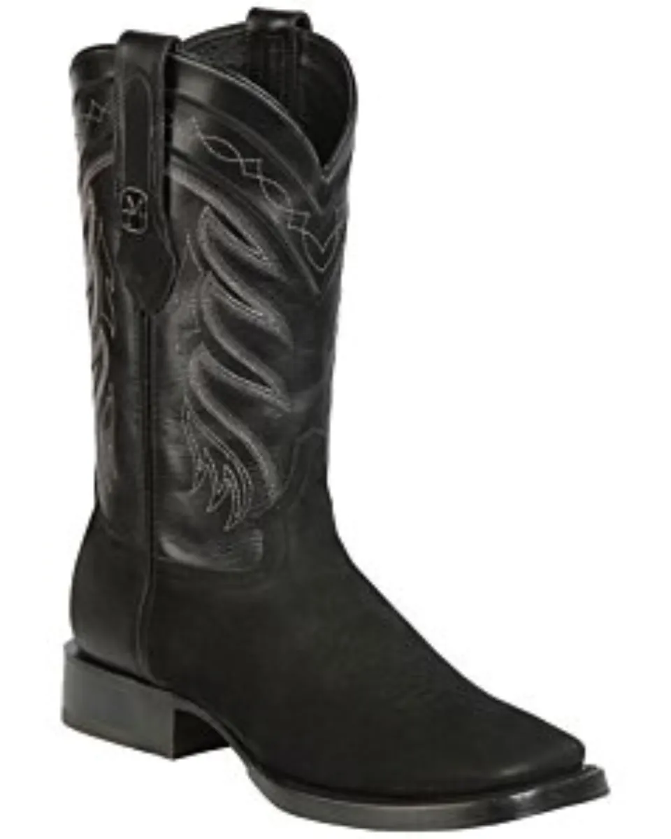 Botas Rodeo Montero CNBS-4 para hombre en nobuck negro con punta cuadrada y suela de hule, hechas en México