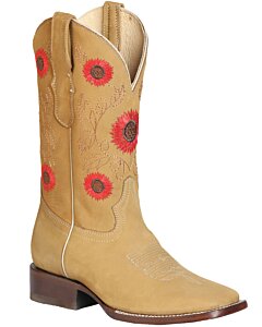Bota Rodeo Texas Para Mujer El General 51125 Color Miel Con Flores Rojas Bordadas