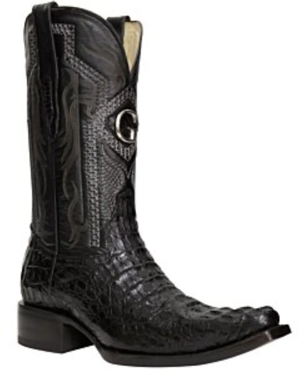 El General 45081 Black Caiman Hornback Cowboy Boots with Versace toe shape, leather outsole, and cushioned leather insole.