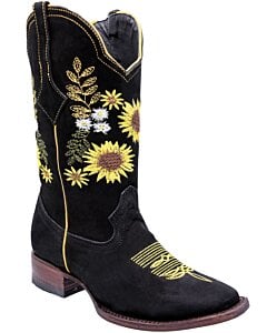 Bota Vaquera Negra Para Mujer Bordado De Girasoles WD 11-488