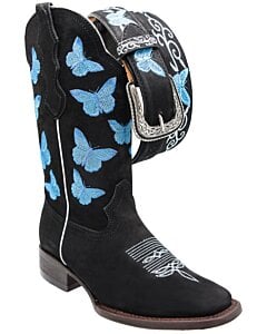 Bota Vaquera Para Mujer Piel Nobuck Negra Bordado De Mariposas WD 11-490