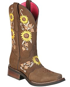 Bota Vaquera Para Mujer Piel Nobuck Color Camel Girasoles Bordados