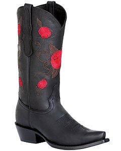 Botas Vaqueras Negras Estilo Retro Con Flores Rojas Para Dama