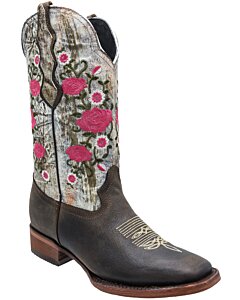 Bota Vaquera Rodeo De Mujer Color Café Con Flores Rojas WD 11-491