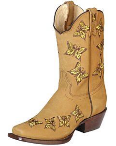 Bota Corta Rodeo Para Mujer Nobuck Color Miel Mariposas Bordadas 51237