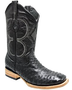 Botas negras de piel de avestruz para hombre con punta cuadrada y estilo rodeo americano.