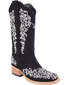 Botas Vaqueras De Mujer Bordada Color Negro Con Blanco WD 11-481