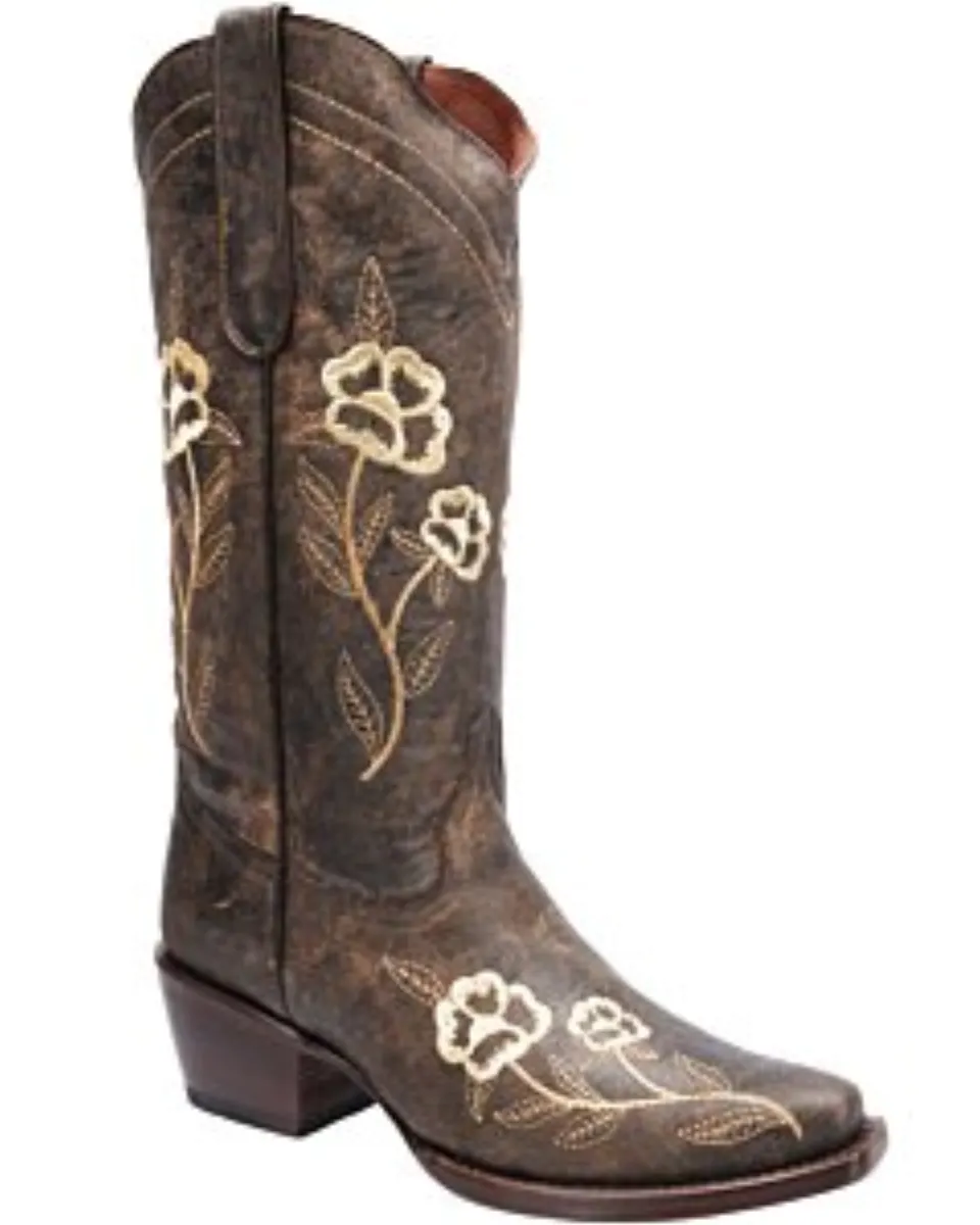 Botas Vaqueras Color Café Flores Bordadas Para Mujer WD 11-469